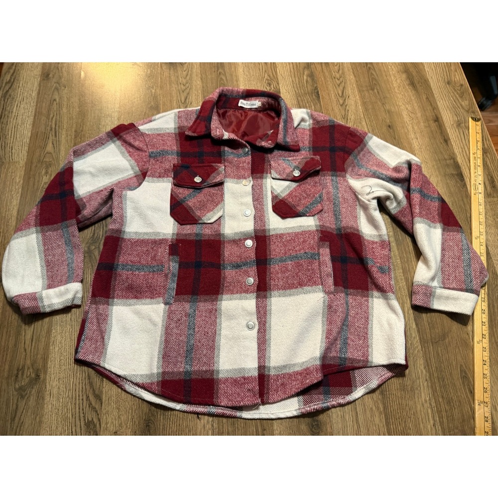 BouTiKome Shacket Women Size L Red White Plaid Jacket Wool Blend Button Up